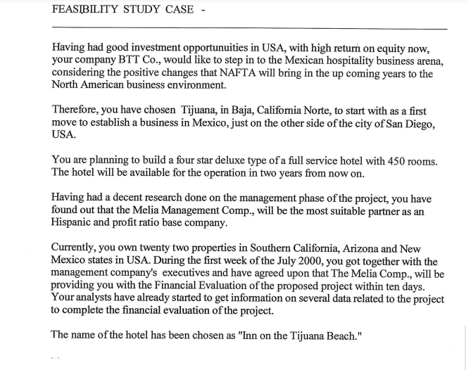 HOSPITALITY FEASIBILITY STUDY CASE FEASIBILITY STUDY CASE - Having had good investment