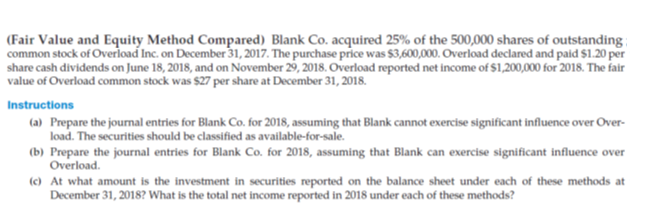  (Fair Value and Equity Method Compared) Blank Co. acquired 25\% of