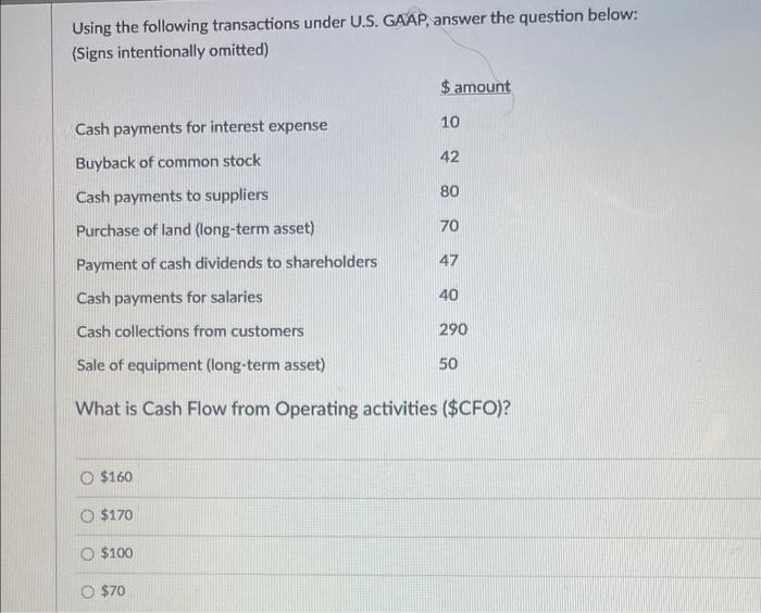  Using the following transactions under U.S. GAAP, answer the question below: