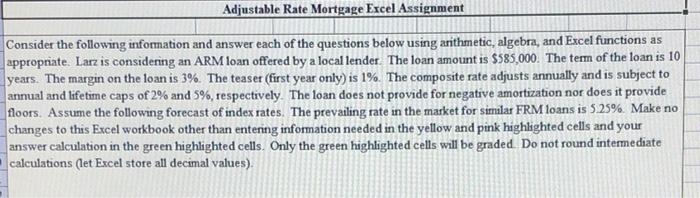  Adjustable Rate Mortgage Excel Assignment Consider the following information and answer