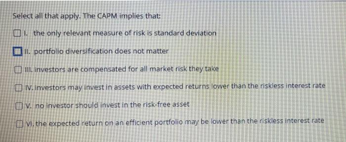  Select all that apply. The CAPM implies that: OT the only