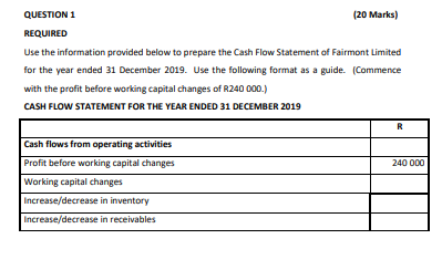  QUESTION 1 (20 Marks) REQUIRED Use the information provided below to