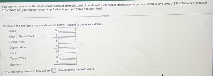 please help please Your pro forma income statement shows sales of $969,000,
