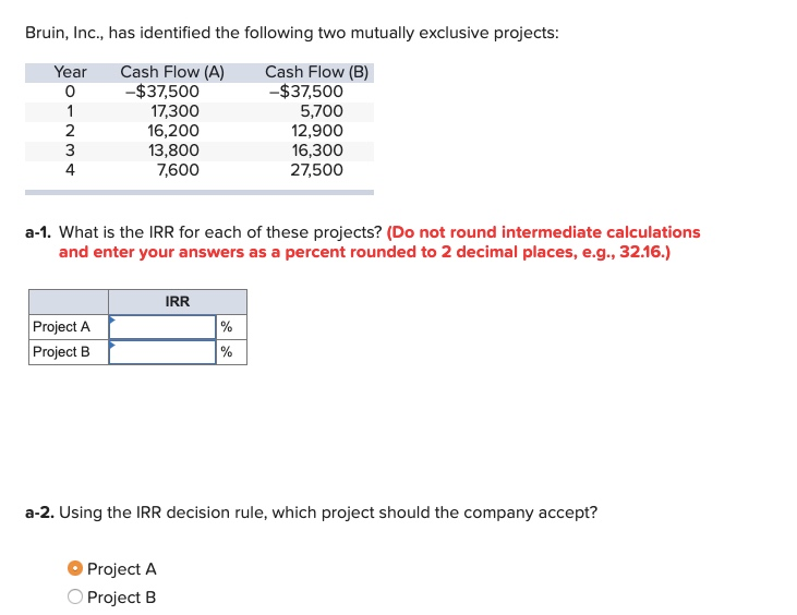  Bruin, Inc., has identified the following two mutually exclusive projects Year