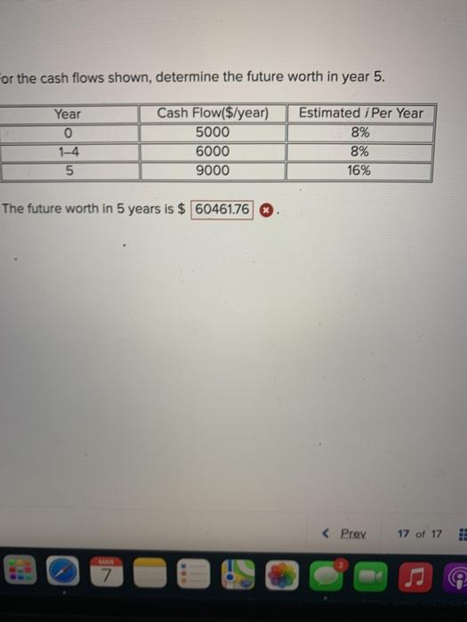  or the cash flows shown, determine the future worth in year