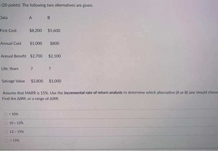  (20 points) The following two alternatives are given. Data A B