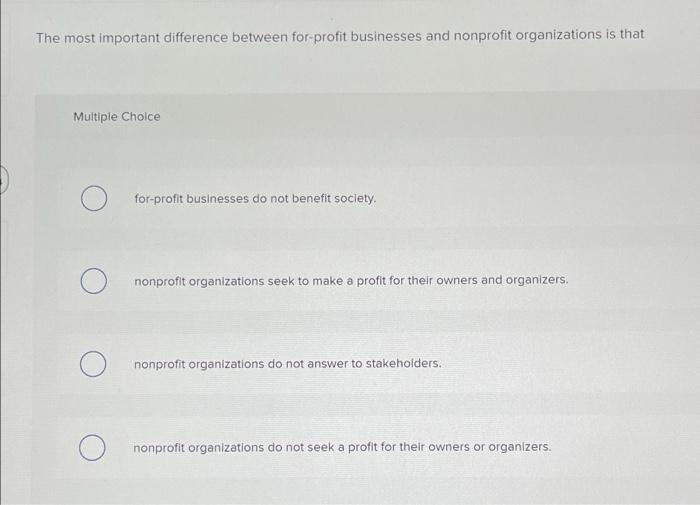 24. Please help! The most important difference between for-profit businesses and nonprofit