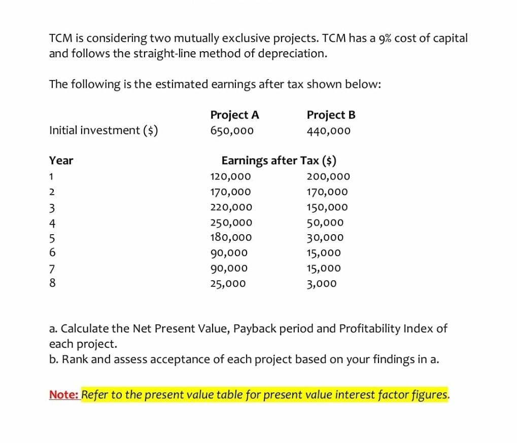 TCM is considering two mutually exclusive projects. TCM has a 9%