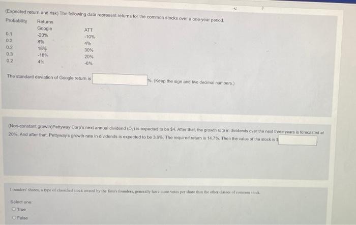  (Expected return and risk) The following data represent returns for the