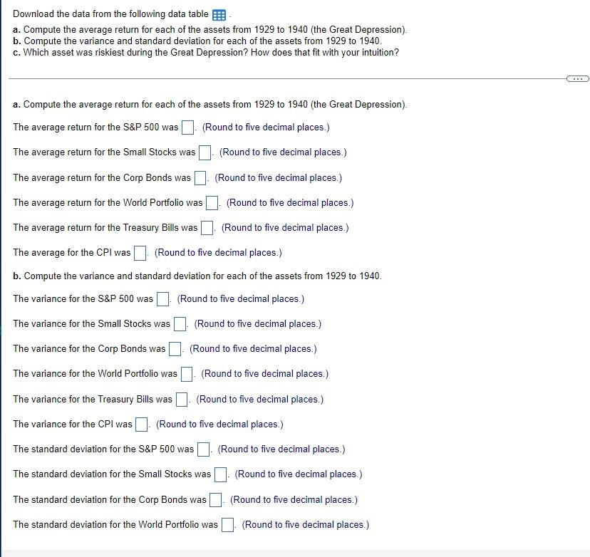 Download the data from the following data table a. Compute the