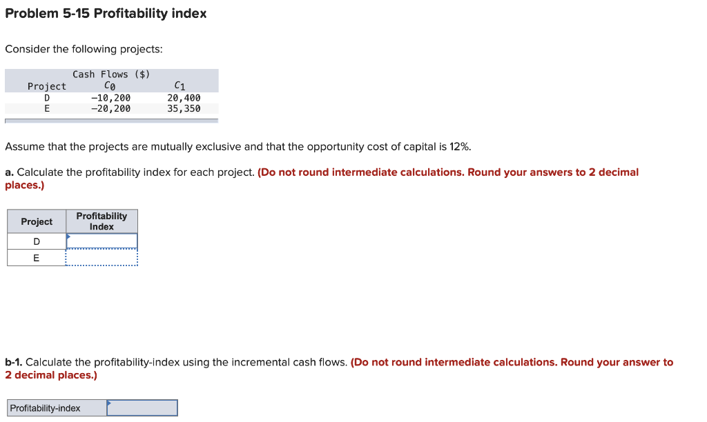  Problem 5-15 Profitability index Consider the following projects: Project D E