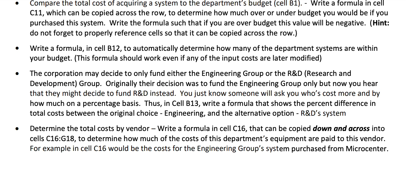 Excel CSE 2111 question KEY FOR COMPARISON Compare the total cost of