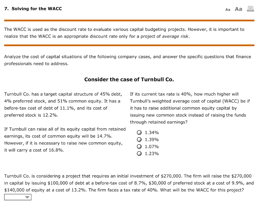 7. Solving for the WACC Aa Aa The WACC is used