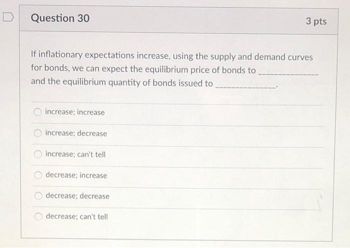  D Question 30 3 pts If inflationary expectations increase, using the