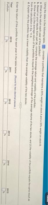  Using the data in the following table consider a portfolio that