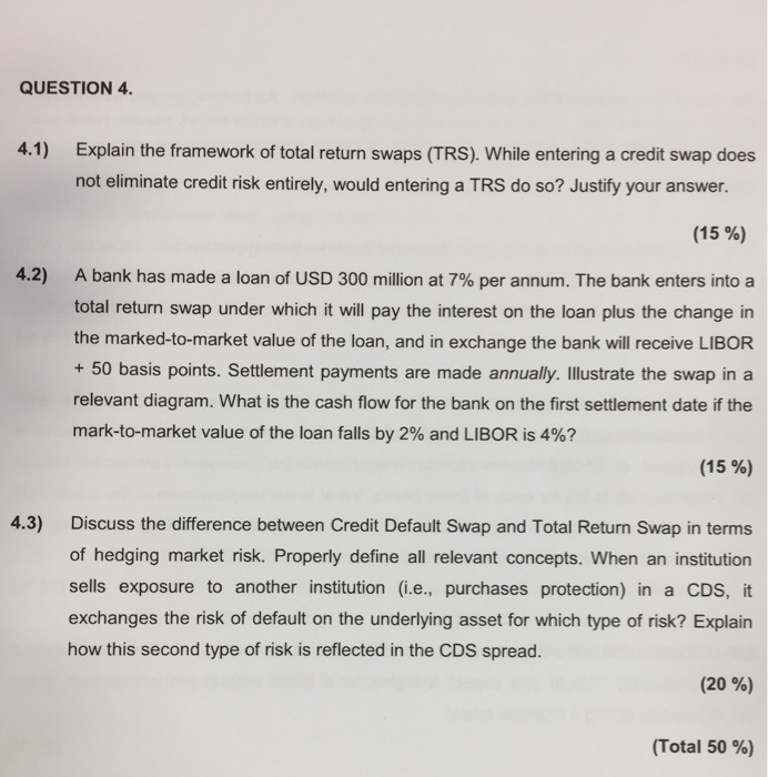  QUESTION 4 4.1) Explain the framework of total return swaps (TRS).
