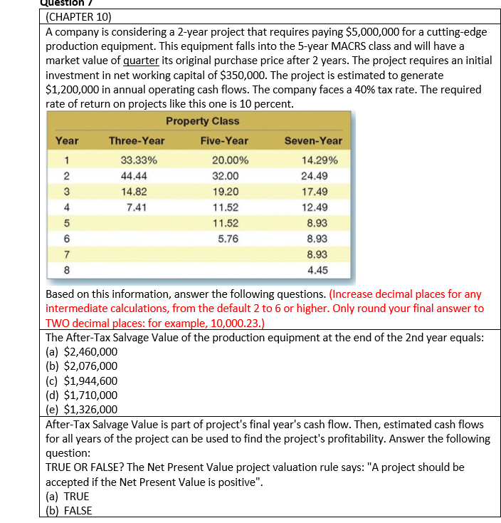 Questloh / (CHAPTER 10) A company is considering a 2-year project