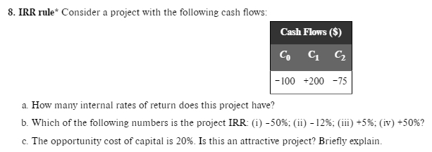 Please include formulas 8. IRR rule* Consider a project with the following