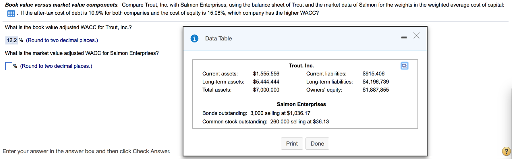  Book value versus market value components. Compare Trout, Inc. with Salmon