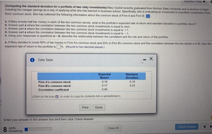  Question Help (Computing the standard deviation for a portfolio of two