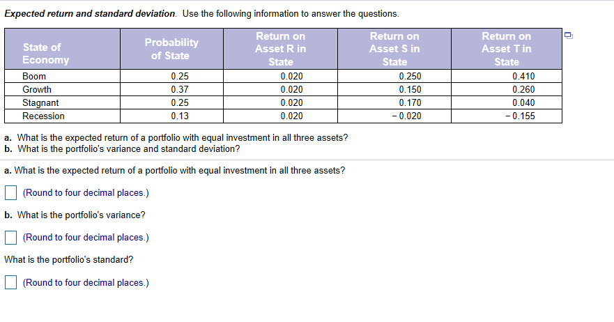 Expected return and standard deviation. Use the following information to answer