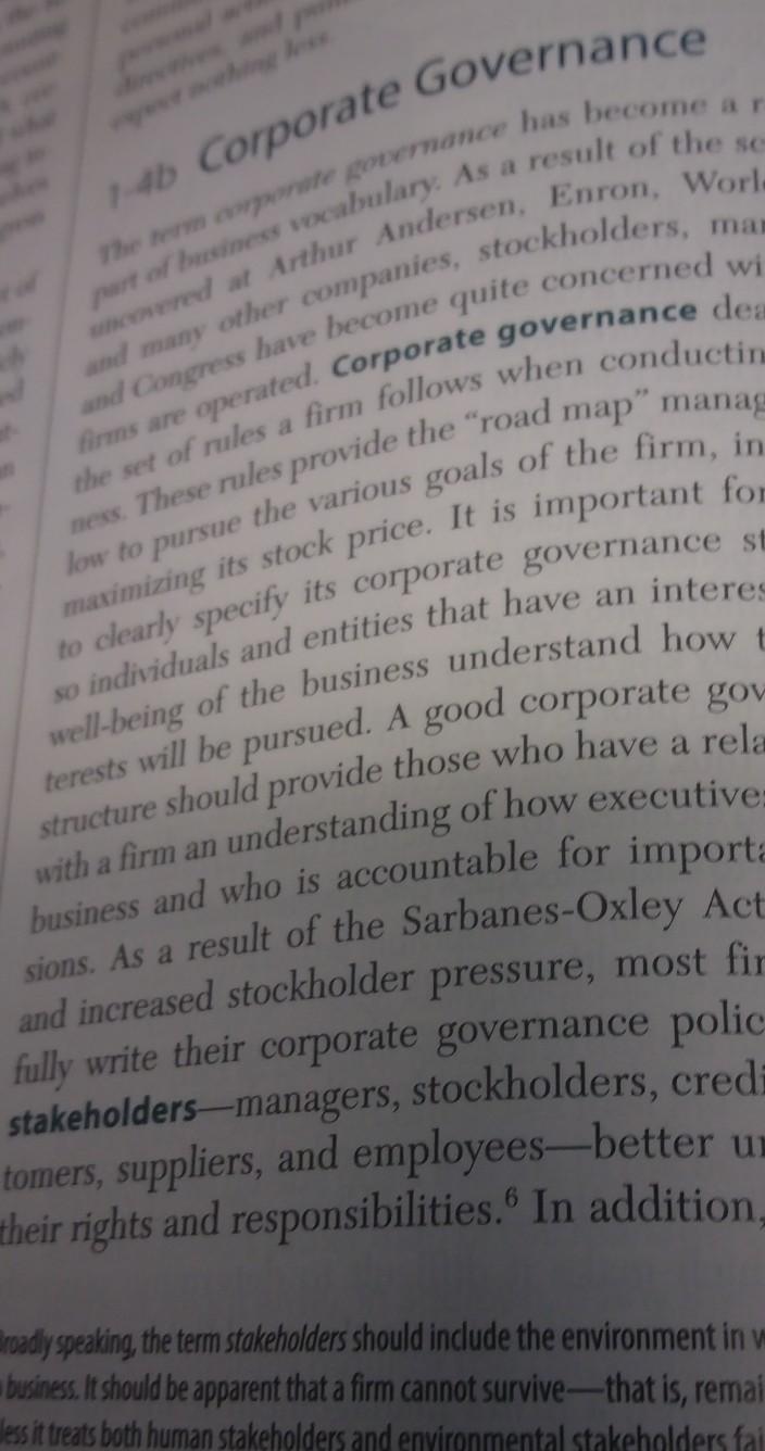 agree with what chapter one has to say about Corporate Governance make