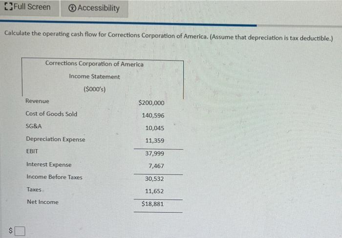  [Full Screen Accessibility Calculate the operating cash flow for Corrections Corporation