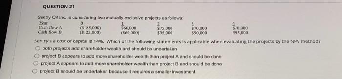  $70,000 QUESTION 21 Sentry Oil Inc. is considering two mutually exclusive