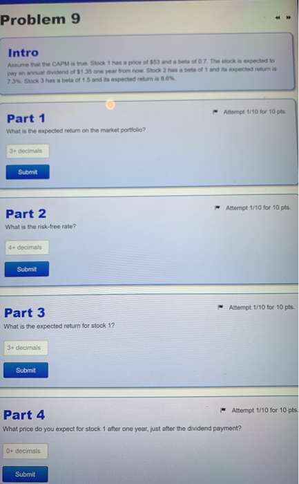  Problem 9 Intro Assume that the CAPM is true Stockt has