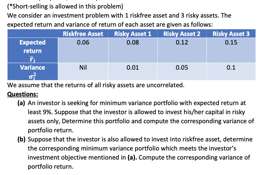 Financial Math Problem: Mean-Variance Portfolio Selection Theory (25 marks) (*Short-selling is allowed
