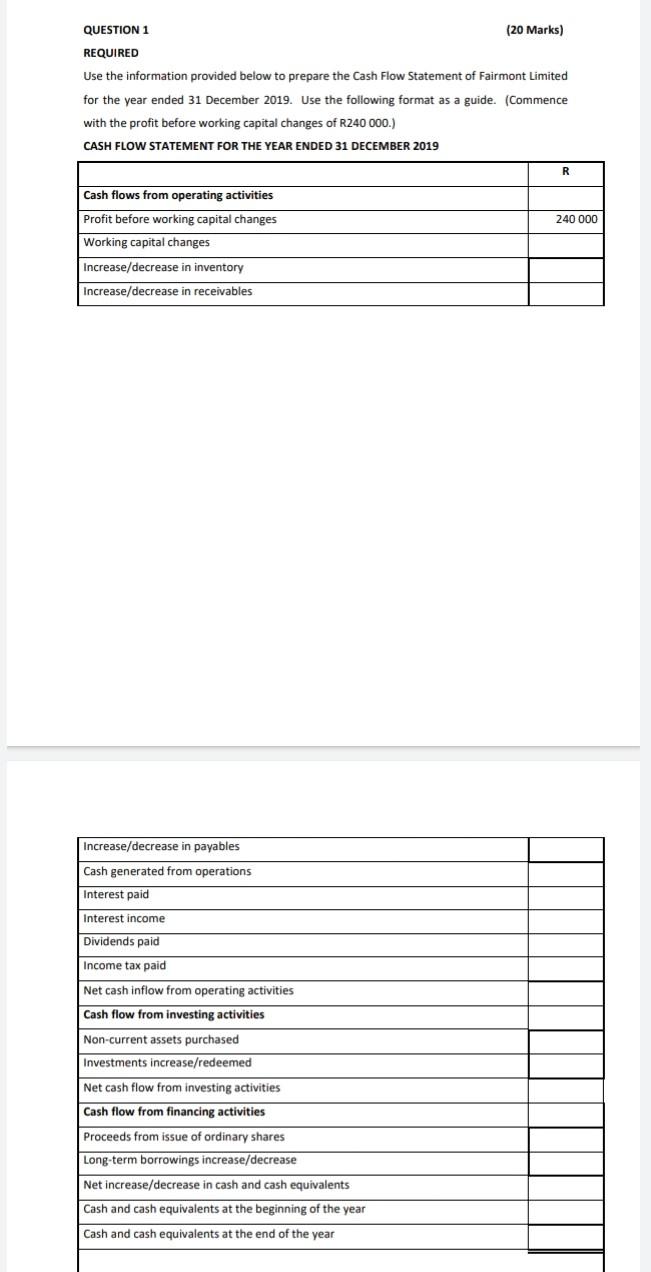 information provided in Question 1 to calculate the following ratios for 2019