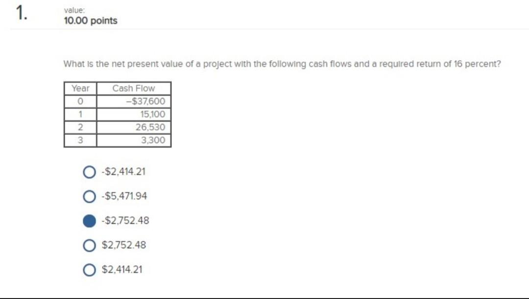  1. value: 10.00 points What is the net present value of