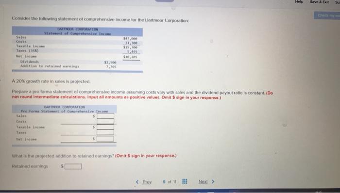  Help Save & Exit Consider the following statement of comprehensive Income
