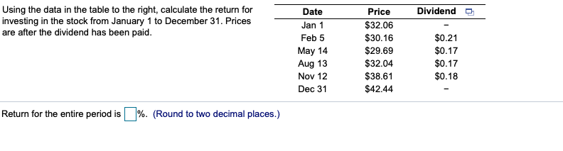  Dividend Using the data in the table to the right, calculate