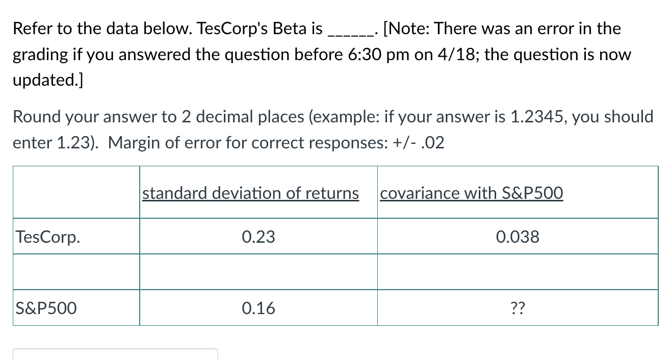 Refer to the data below. TesCorp's Beta is [Note: There was