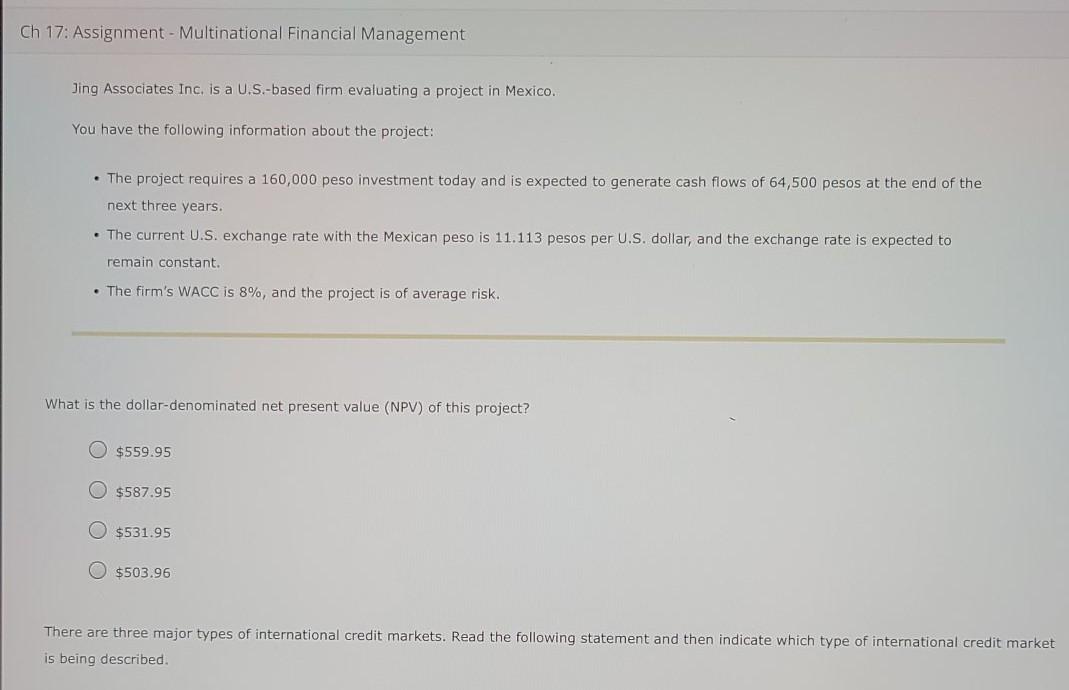  Ch 17: Assignment - Multinational Financial Management Jing Associates Inc. is