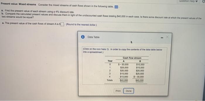 a and b Question Help Present value: Mixed streams Consider the mixed