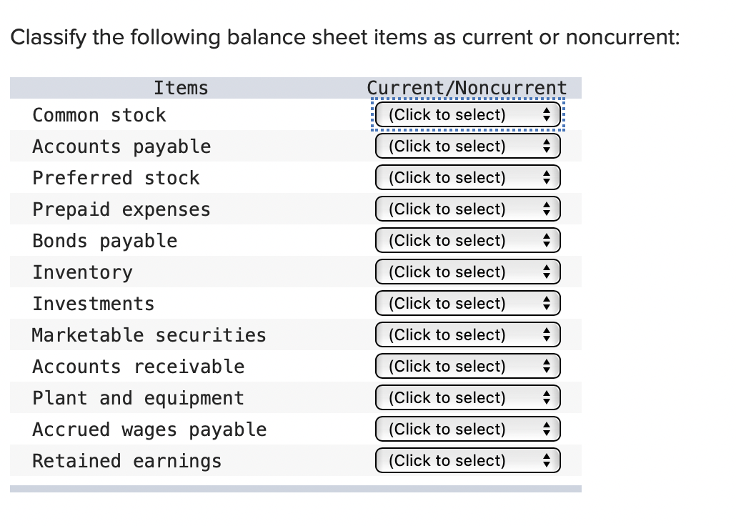Classify the following balance sheet items as current or noncurrent: Current/Noncurrent