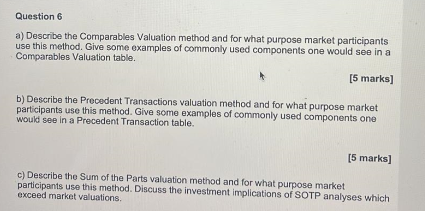  a) Describe the Comparables Valuation method and for what purpose market