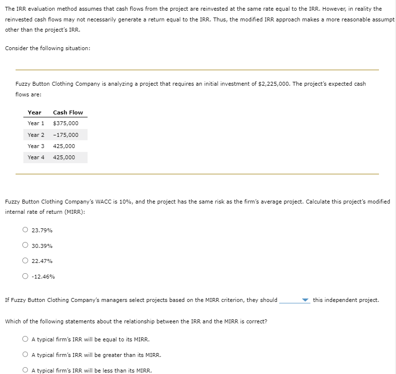 The IRR evaluation method assumes that cash flows from the project