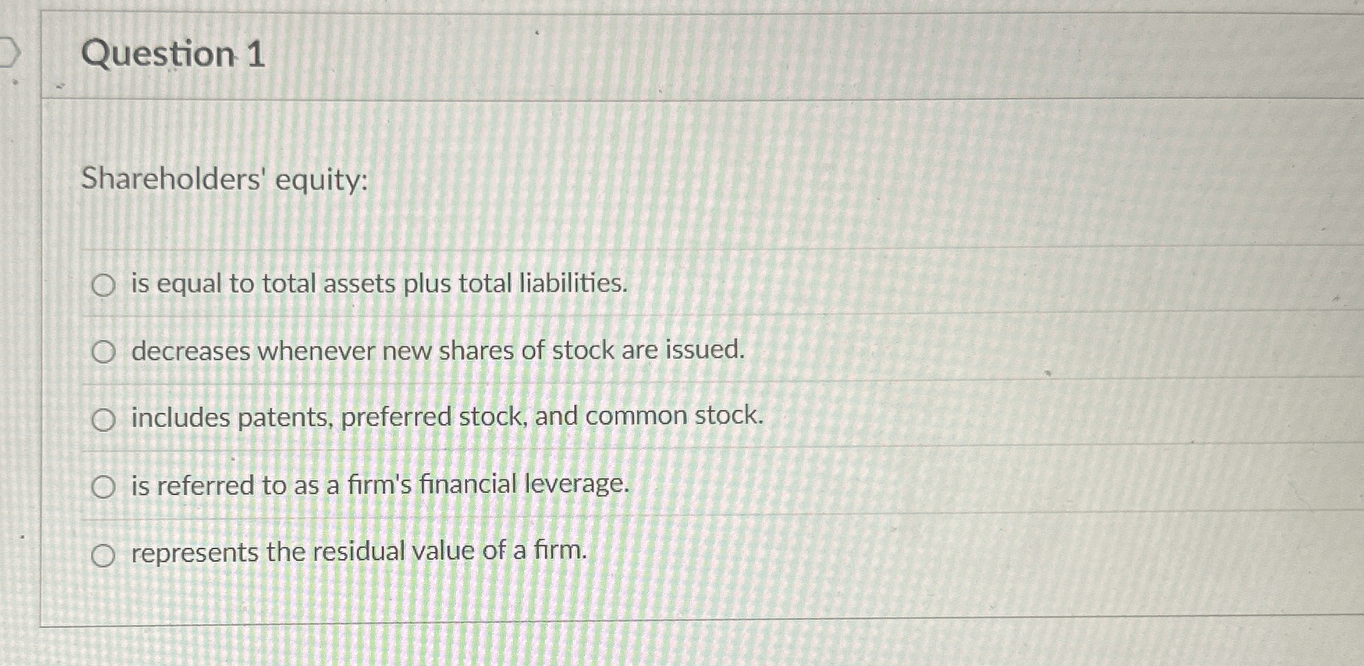  Question 1 Shareholders' equity: is equal to total assets plus total