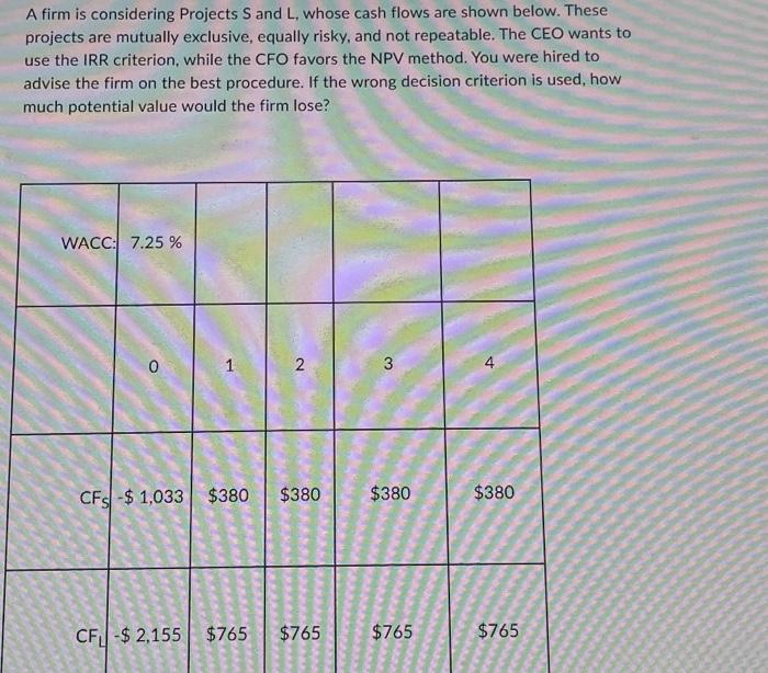  A firm is considering Projects S and L, whose cash flows