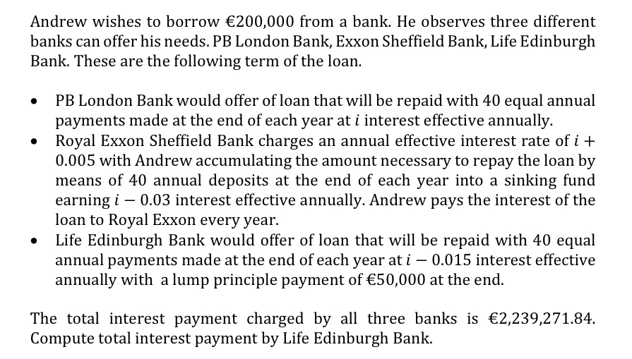 Please solve using Microsoft Excel Andrew wishes to borrow 200,000 from a