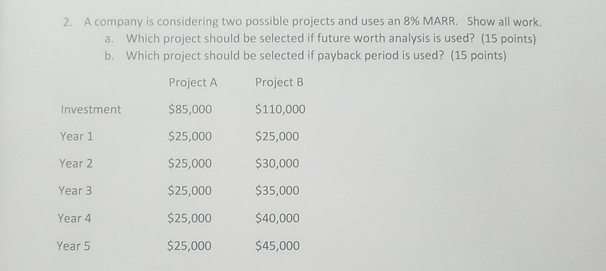 2. A company is considering two possible projects and uses an