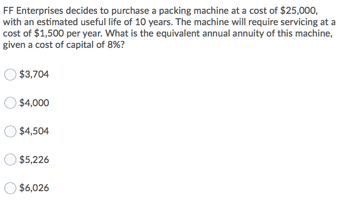  FF Enterprises decides to purchase a packing machine at a cost