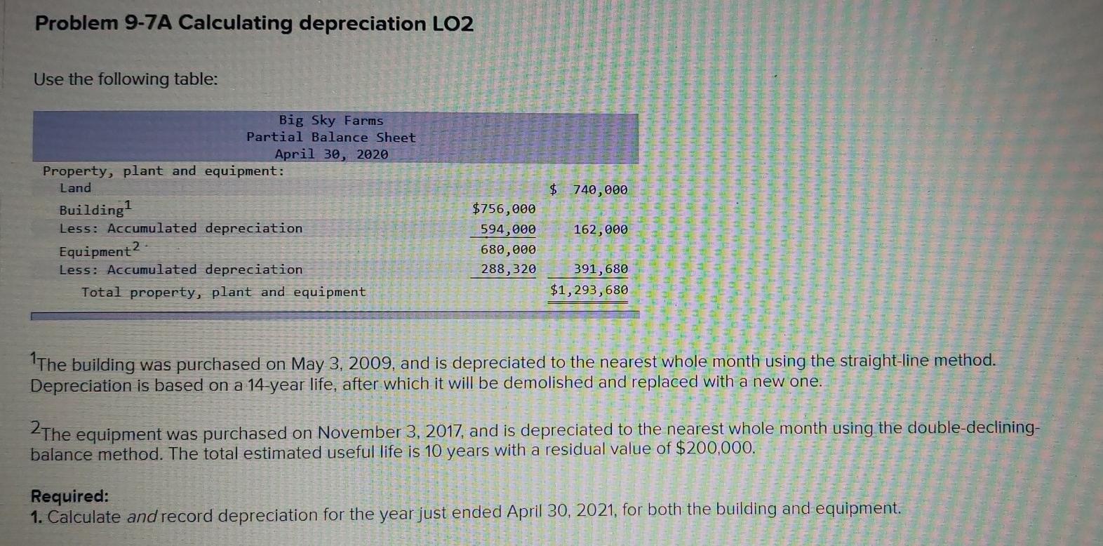 2. Please help me. Problem 9-7A Calculating depreciation LO2 Use the