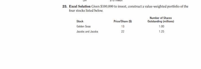  3. Excel Solution Given $100,000 to invest, construct a value-weighted portfolio