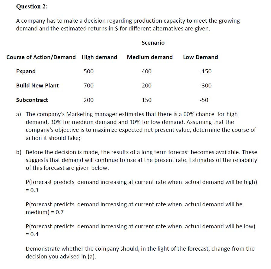 Question 2: A company has to make a decision regarding production