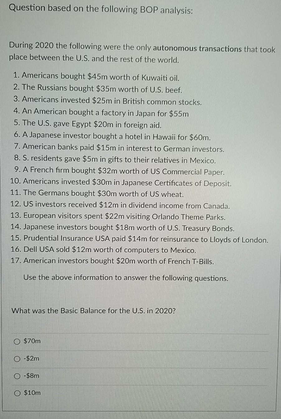  Question based on the following BOP analysis: During 2020 the following