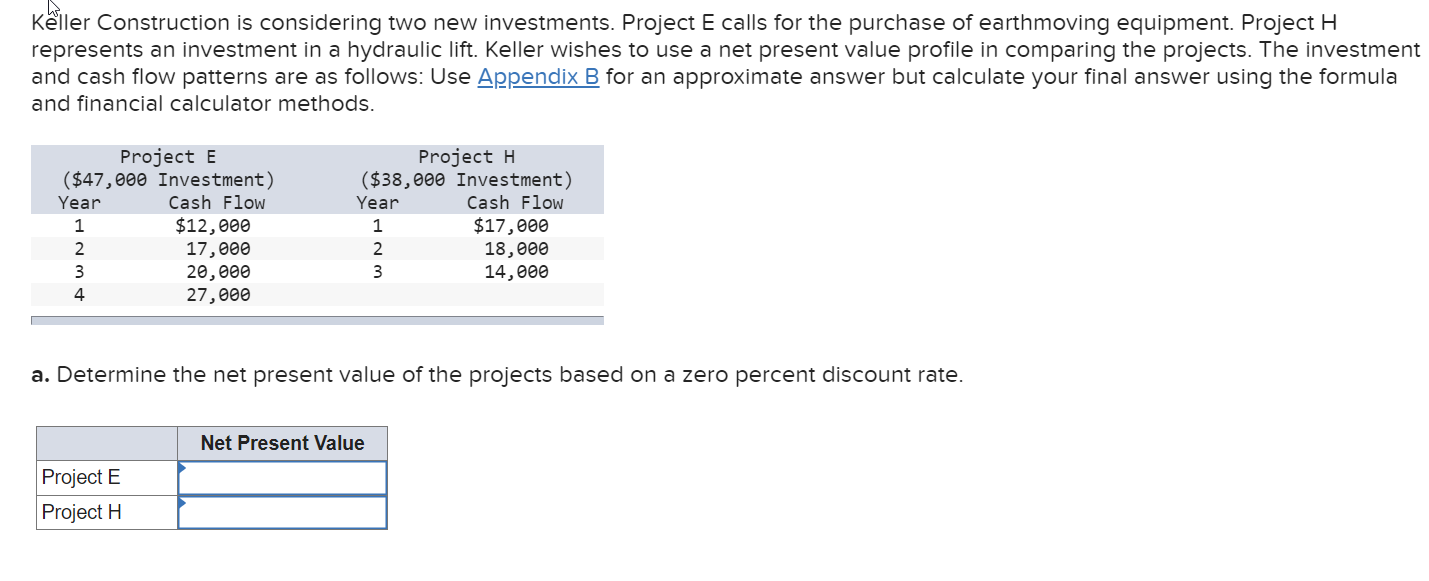  Keller Construction is considering two new investments. Project E calls for